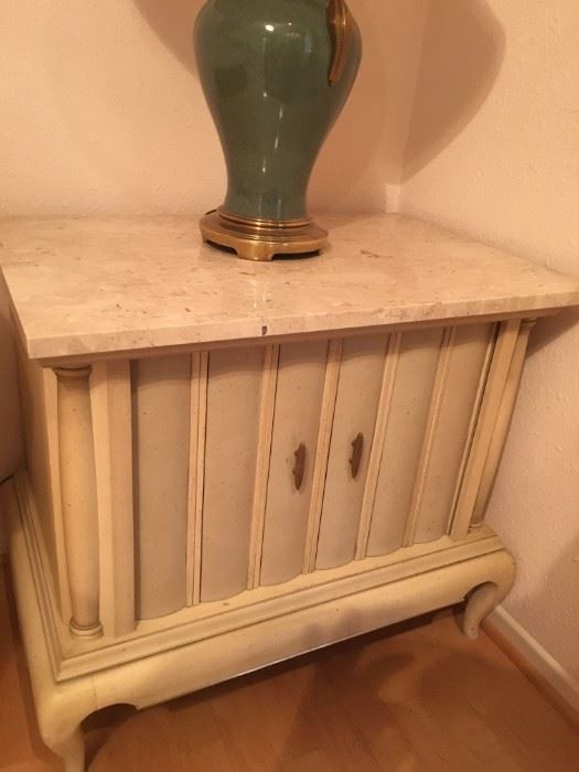 Vintage marble topped end table with  accordion doors.  Part of a set that includes a large end table,  small side table with accordion doors, 72 inch buffet with accordion doors, and breakfast table with 4 chairs.
