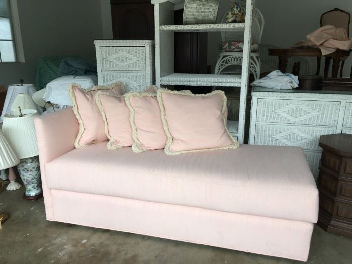 60 inch long chaise.  Light rose faux silk shantung fabric.