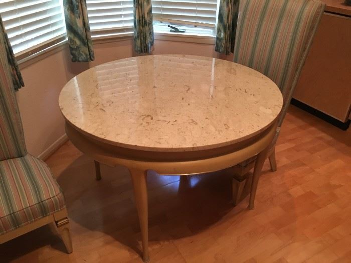 Vintage 42 inch round marble top table.  Part of a set that includes a large end table,  small side table with accordion doors, 72 inch buffet with accordion doors, and breakfast table with 4 chairs, and 2 occasional chairs.