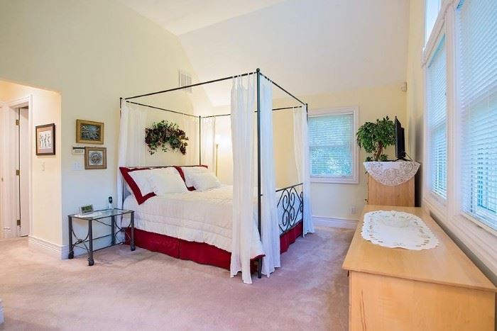 Side Tables. Four Poster Canopy Romantic King Bed. 