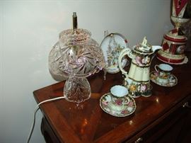 Glass lamp and Nippon pitcher and cups/saucers