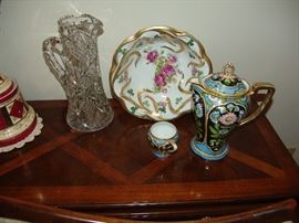 Cut glass champagne pitcher and hand painted pitcher