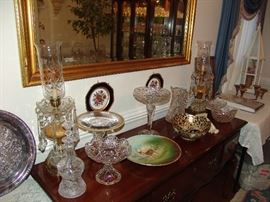 Brilliant period cut glass compotes, pitcher, and decanter and hand painted plate