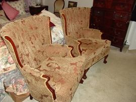 Pair of upholstered wing back chairs