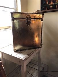 Great chippy white table and brass trunk 