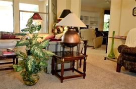 Large unusual copper finish lamp on separate pedestal. Lots of florals for sale too.