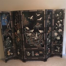 Five panel black lacquer screen with jade figures on hand painted background and mother of pearl border. Exquisite!  8’ wide x 6’ High. 
Perfect condition. 