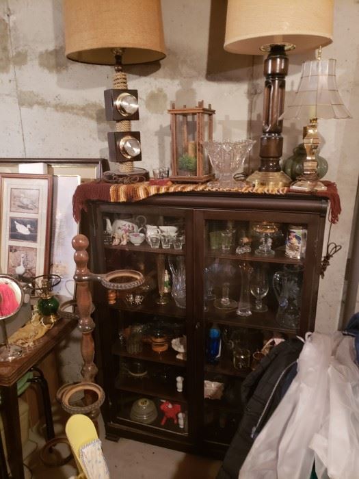 Antique cabinet; lamps; barometer; glassware; collectibles.