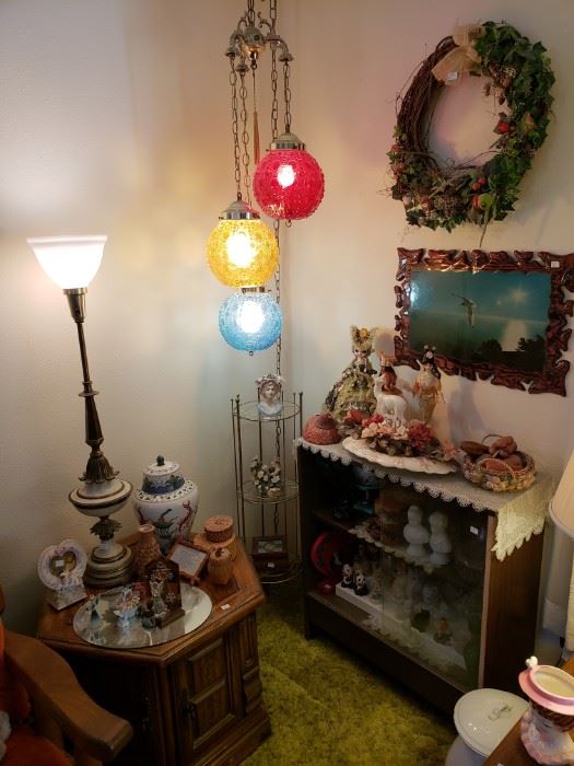 Gorgeous MCM hanging lamp; display cabinet, end table; figurines, another great table lamp!