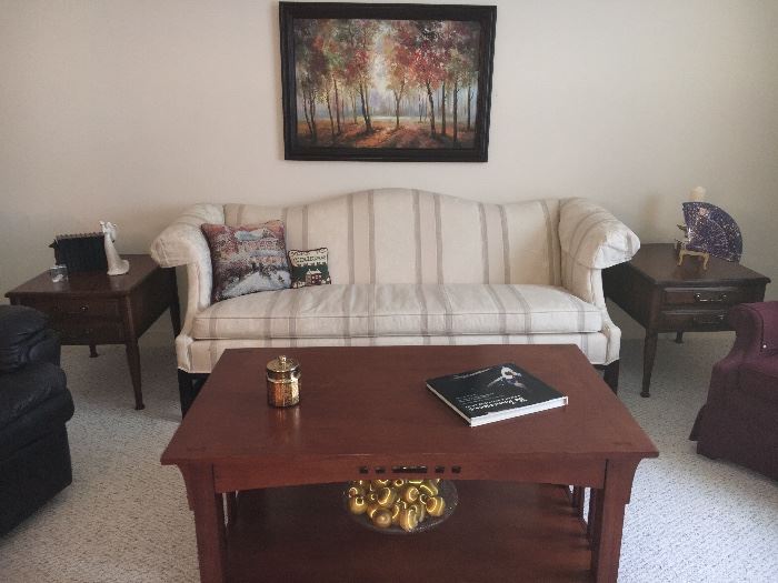 Formal living room—white sofa, contemporary mission style coffee table, vintage end tables and more.