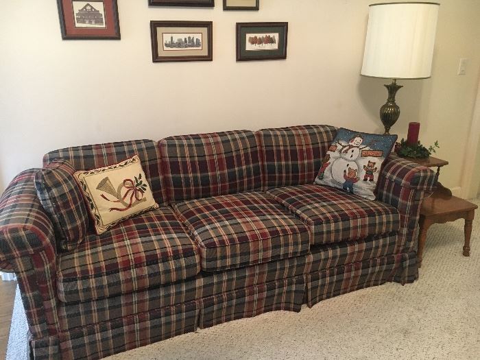 Plaid vintage couch, pair of end tables and lamps.