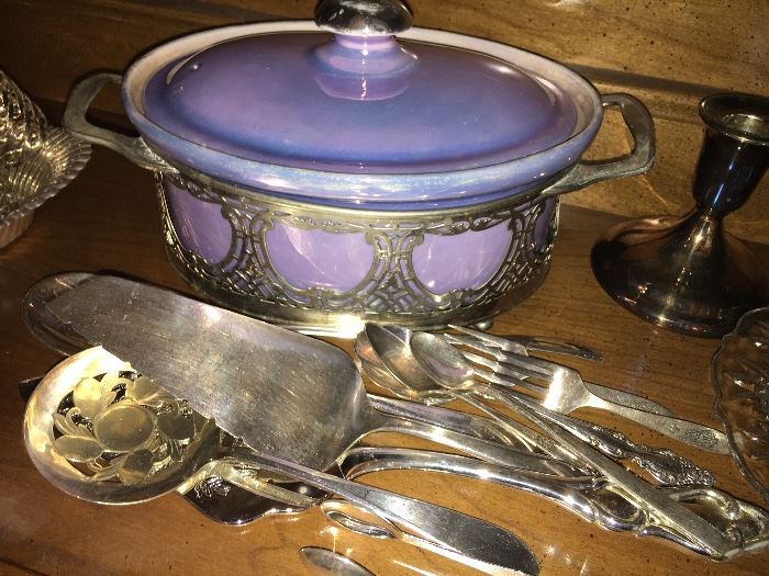 Antique lusterware casserole dish (cracked) with metal holder, assorted silver plated serving ware.