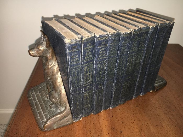“The World’s One Hundred Best Stories”, 10 volume set, 1927, metal dog bookends.