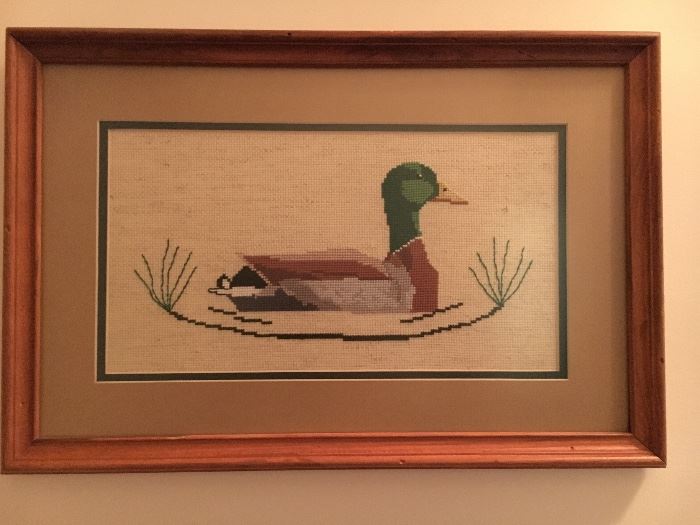Pair framed vintage duck cross stitched pictures.