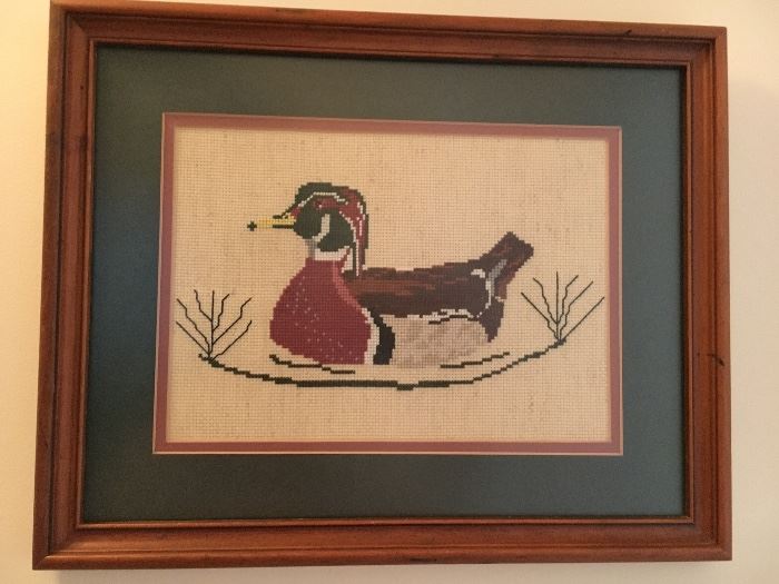Pair framed vintage duck cross stitched pictures.