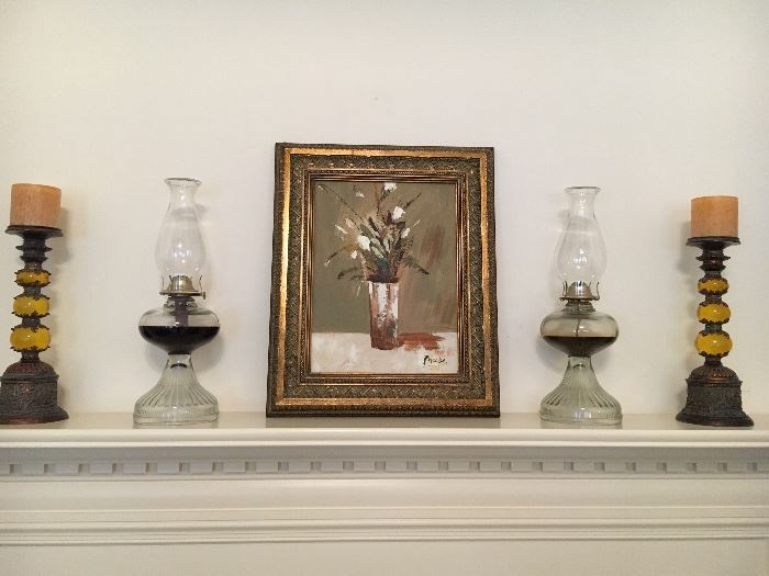 Original painting, oil lamps and candle stands.