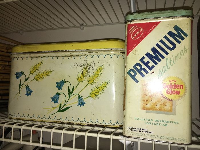 Vintage metal bread box and 1950s Premium Saltines tin (pre bar codes).