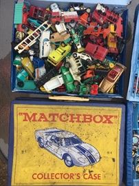 Big collection of vintage 1960s Matchbox cars and well-used case.