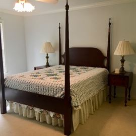 Beautiful handcrafted solid cherry bed and two drop-leaf side tables—pencil poster bed, queen size. Made by Campbellsville Cherry Reproductions, Inc., Campbellsville, KY.