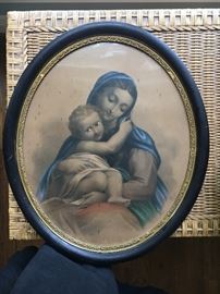Oval framed antique Madonna and Child Print.