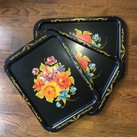 Three vintage hand painted metal trays.