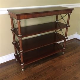 Extra nice inlay wood bookshelf with metal end crossbars and accents.