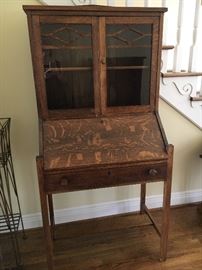 Antique secretary desk, petite size, highly figured oak.