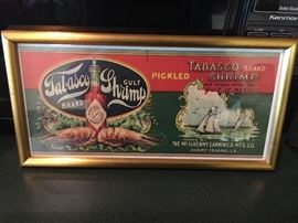 Vintage framed pickled shrimp label.