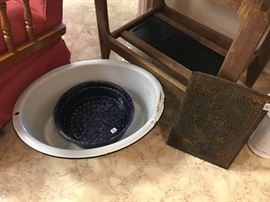 Vintage enamel ware, pierced tin panel.