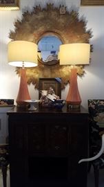 Large Gilt Wood Mirror . Pair Glazed Pottery Lamps