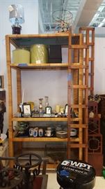 Ratan Etagere with smoked glass. Wooden ladder.  assortment of lamp shades