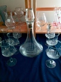 Decanter set with hand engraved ships 
