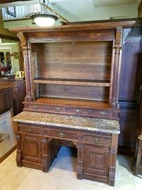 Antique carved oak sideboard with VERY RARE original "Rain Forest" cut, beveled marble. Magnifique!