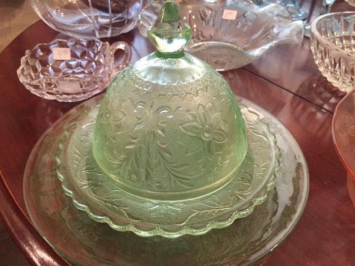Green depression glass butter dish 