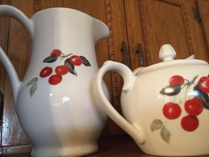 Vintage pitcher and tea pot with cherries 