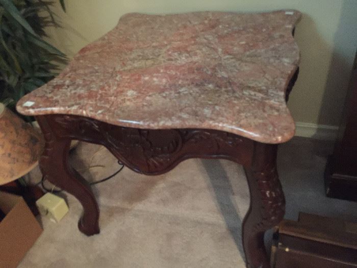 Marble top end table with carved Rosewood 