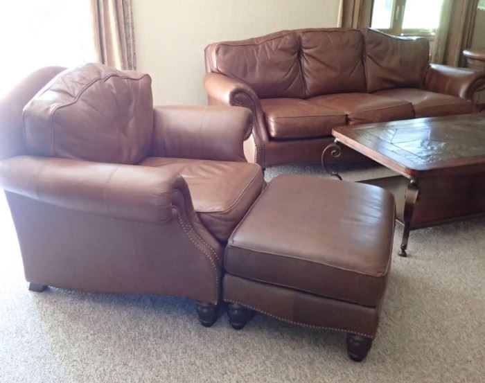 BERNHARDT LEATHER SOFA - CHAIR & OTTOMAN ALL IN GREAT CONDITION  - SLATE TOP TABLE
