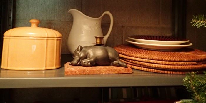 MISC DECOR / CHARGERS / PIG CANDLE HOLDER / PITCHER / COVERED DISH
