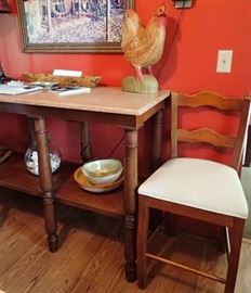 TALL WORKING TABLE WITH MARBLE TOP AND BOTTOM STORAGE  - COUNTER STOOL  - CHICKEN DECOR
