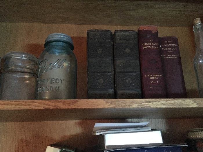 Some vintage books and a vintage Ball jar.