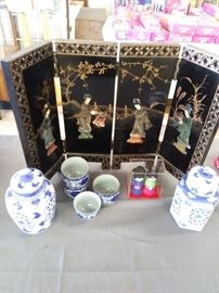 Oriental Screen and Blue and White Porcelain Vases and cups 