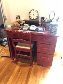 vintage wooden desk, chair and office supplies
