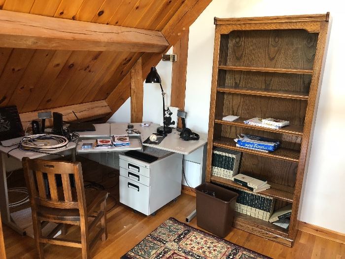 Computer desk, filing cabinet, bookshelves, encyclopedia set