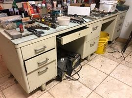 large metal shop desk, tools