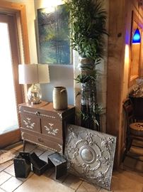 antique chest, lamp, original painting, crock, decorative plants