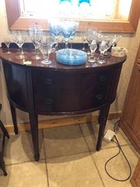 antique demilune buffet server/table, glassware, stemware 