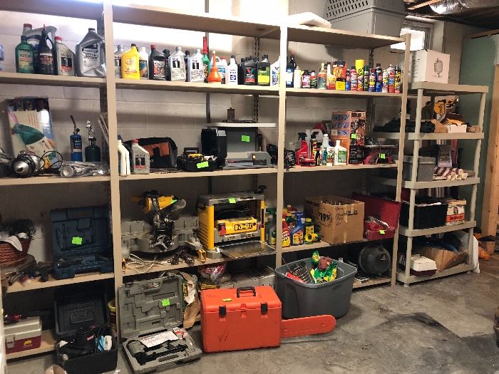 Bissell spot lifter, fishing, Husqvarna chain saw, Dewalt planer, sanders, double bevel compound miter saw, battery chargers, several other power tools