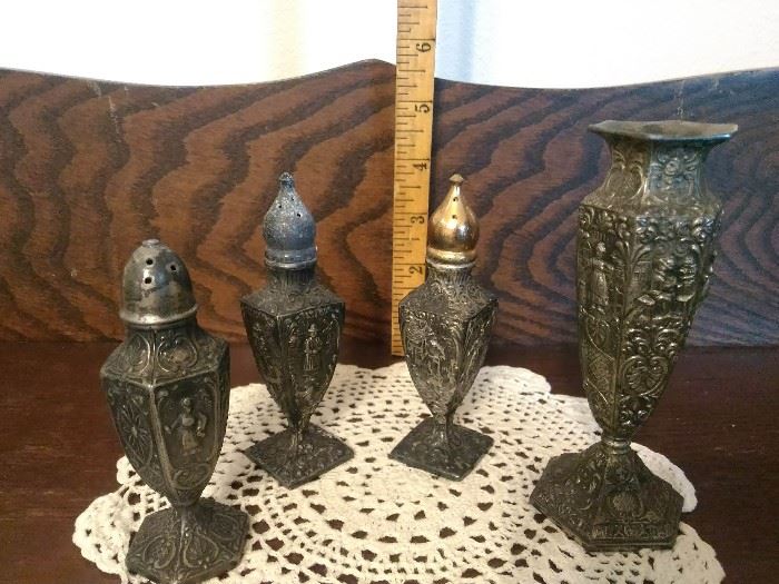 ANTIQUE POT METAL SHAKERS AND VASE