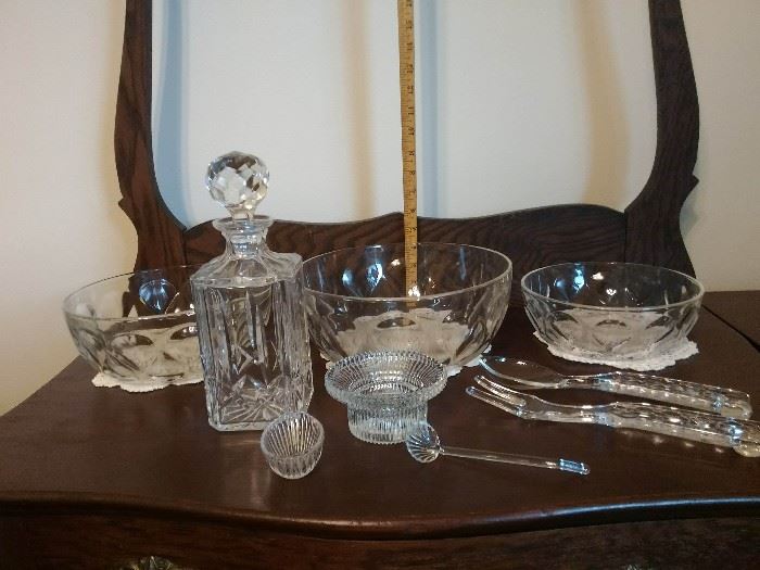 CRYSTAL DECANTER W/ SALAD BOWL SET AND GLASS UTENSILS 