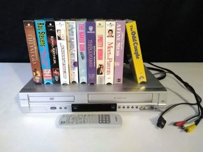 DVD AND VHS COMBO PLAYER AND REMOTE AND MOVIES